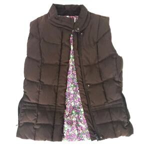 Lilly Pulitzer Down Feathers Full Zip Puffer Vest Brown XS, Floral Lining Animal